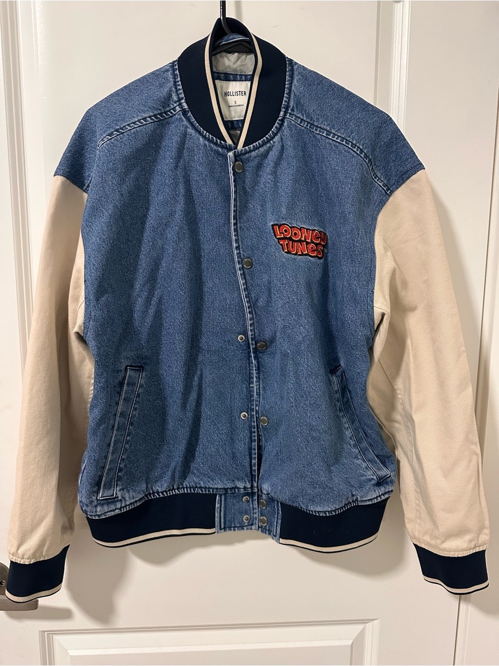 Hollister Denim & Cream Looney Tunes Varsity Jacket